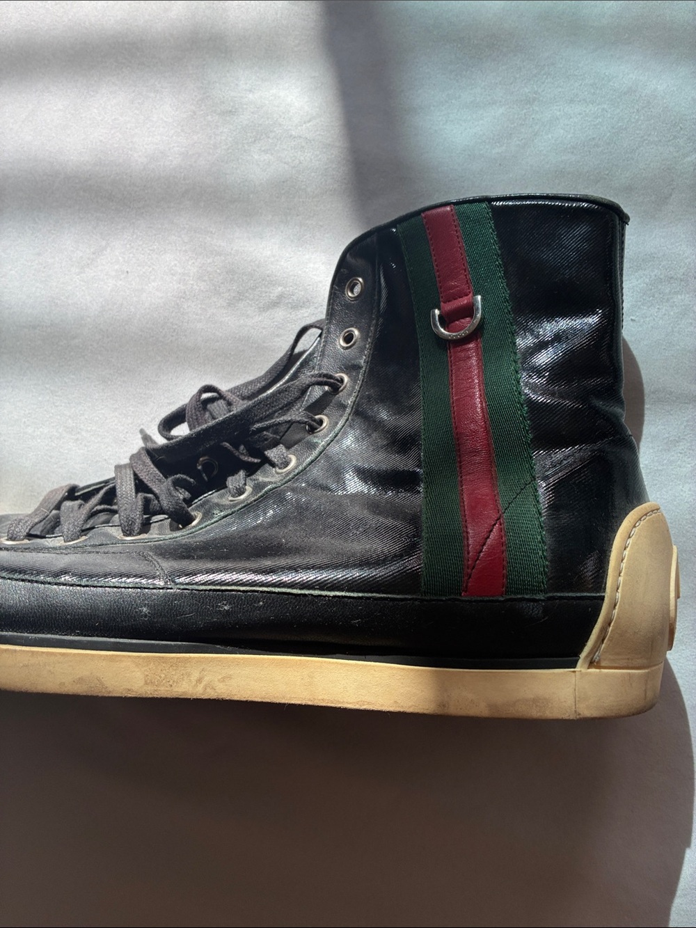 Gucci Black High-Top Sneaker with Red & Green Web Stripe